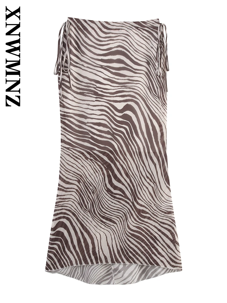 

XNWMNZ 2025 Summer New Product Woman boho Chic Print A-lineskirt Fashion Lady Skirt Sexy Tie Striped midi High Waist