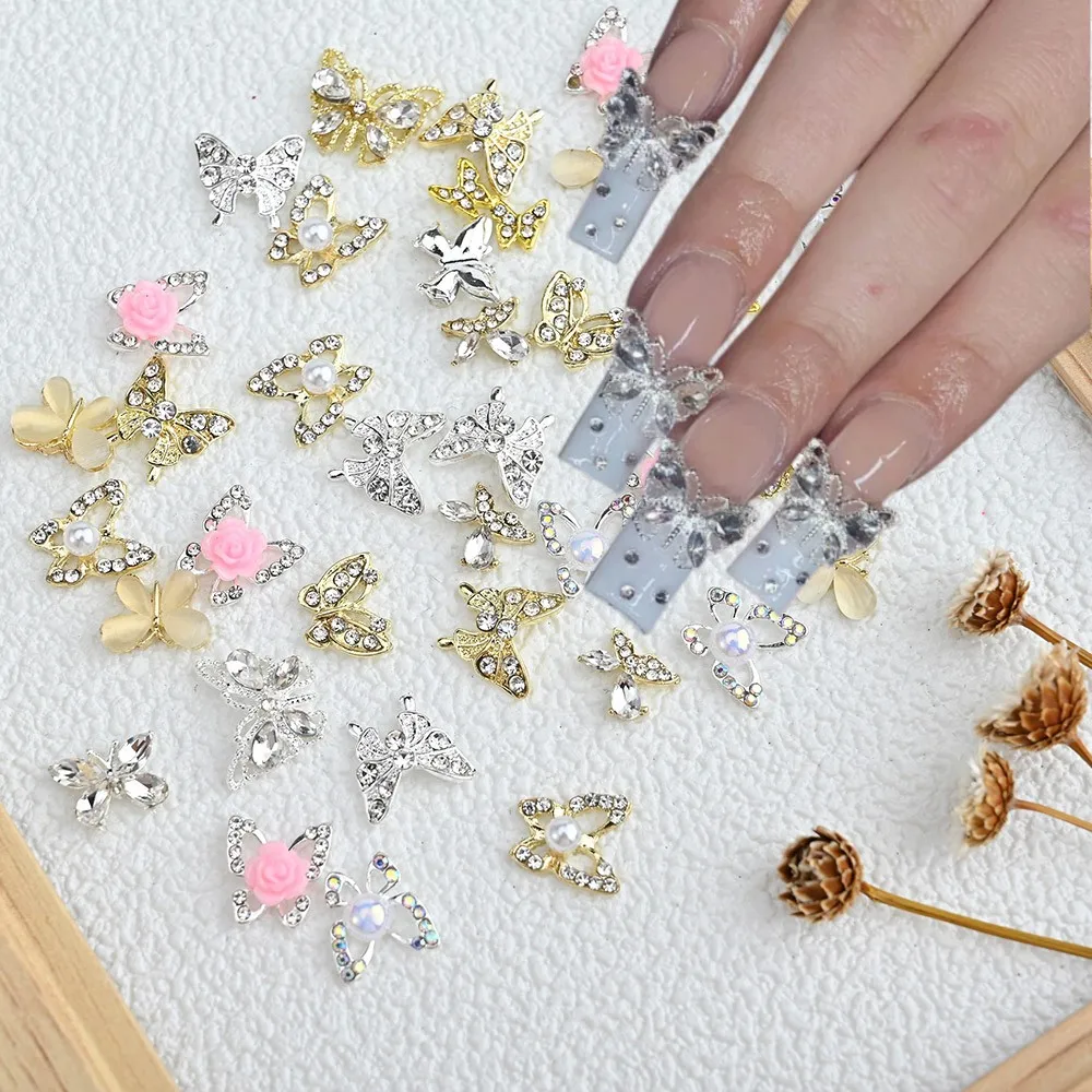 

10Pcs Luxury Alloy Butterfly Zircon Nail Art Rhinestone Charm Gold/Silver Nail Decoration Shiny Diamond Jewelry DIY Accessories