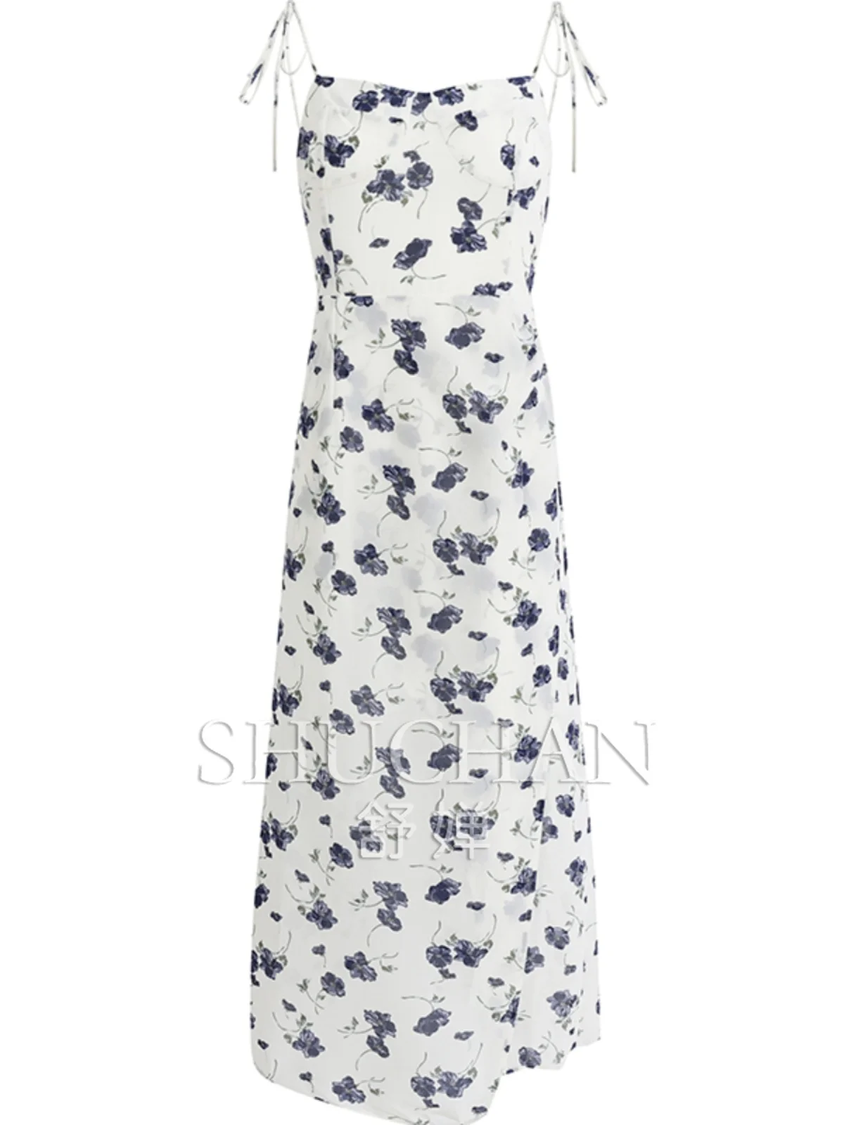 

New French pure desire 2025 seaside vacation print design sense split suspender dress summer