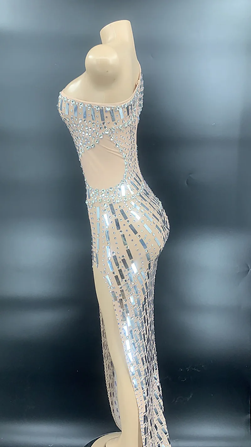 Customized New Sexy Lace Transparent Diamond Pearl Sequins  Water Diamond Wrap Hip Dress Party Dress Performance Dress