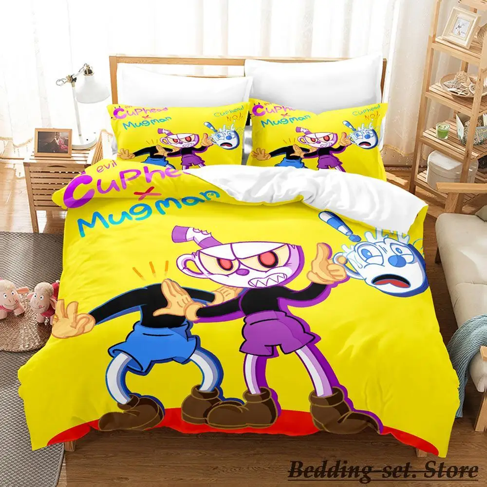 

2023 Kawaii Cuphead Mugman Bedding Set Single Twin Full Queen King Size Bed Set Adult Kid Bedroom Duvetcover Sets Anime Game Bed