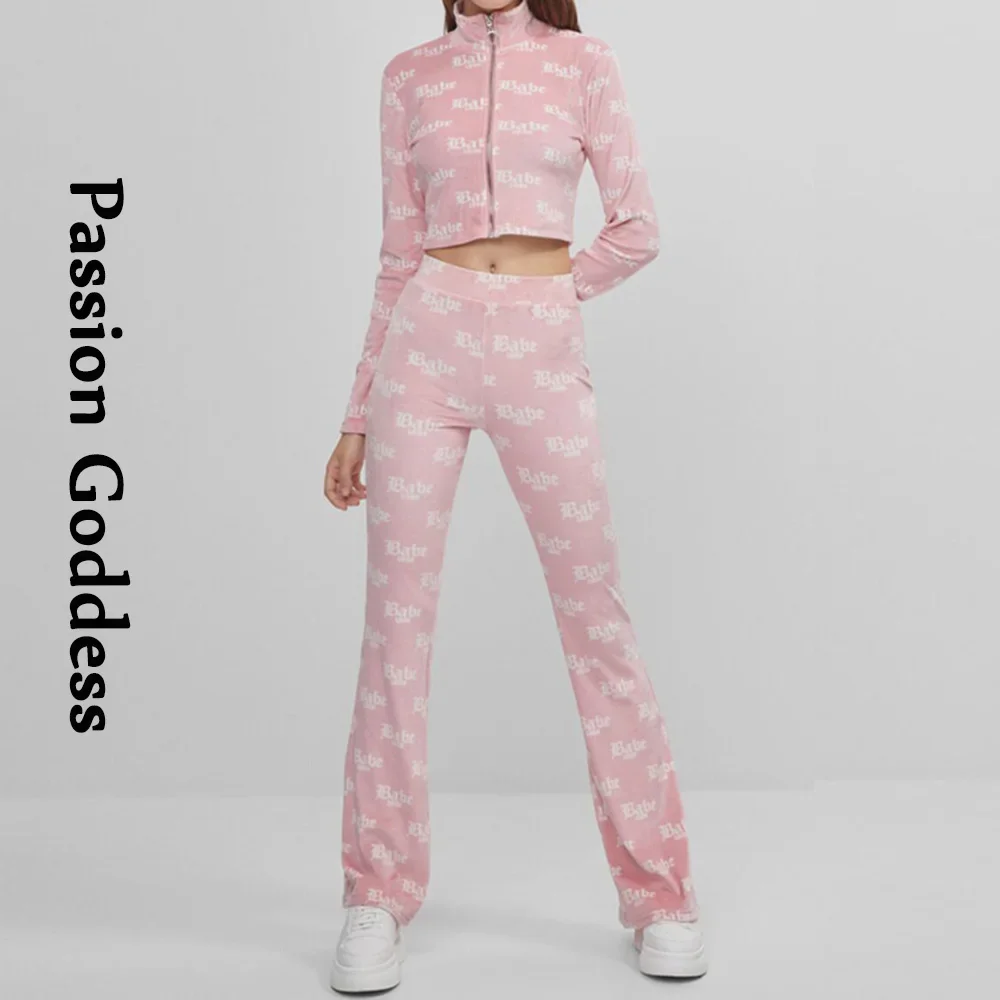 Cute Women 2 Piece Velvet Sets Loungewear Tracksuits Babe Letter Printed Zipper Jackets High Waist Flare Pants Two Piece Outfits