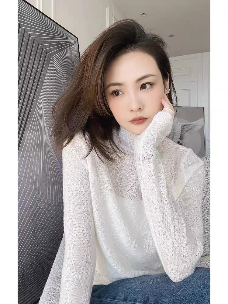 

Heavy Industry Mesh Lace Underlay Shirt 2023 Spring and Autumn Women's Half High Collar Pullover Fashion Silk Underlay Top Wool