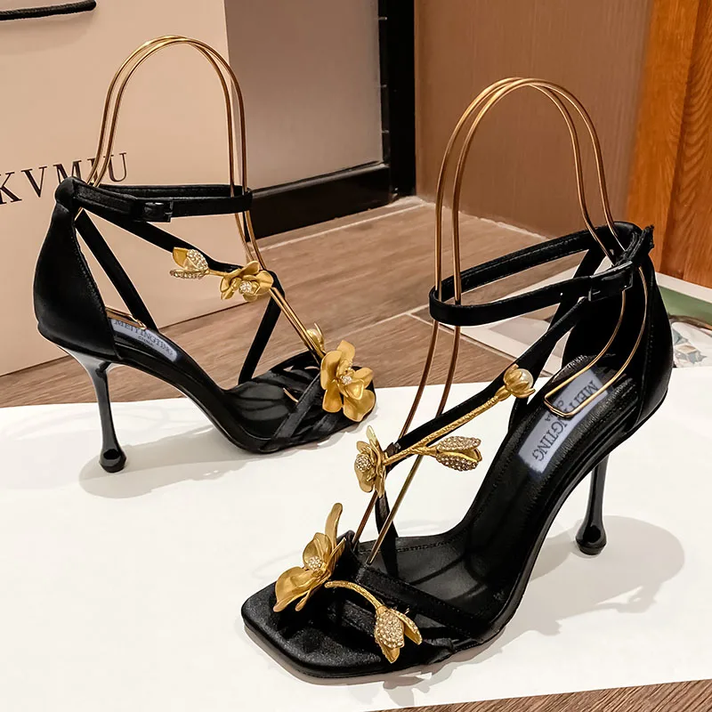 New 2024 Open-toed Square Head Golden Rose Sandals Niche Fashion Sexy Women With High Heels