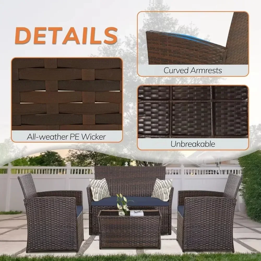 4 Piece Patio Furniture Set,Outdoor Wicker Conversation Sets,Rattan Sectional Sofa Set with Glass Top Table & Weather-Resistant