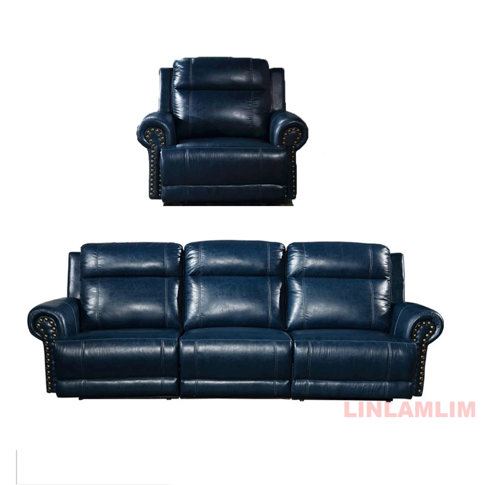 Luxury Genuine Leather Power Recliner Sofa Set, 1+3 Seater Electric Reclining Couch with Nailhead Trim, Home Theater Seating