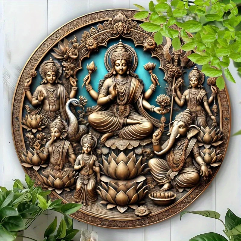 

Retro-Style Aluminum Round Wall Art Plaque with Lakshmi, Saraswati, Ganesh & for Lotus, Hindu Deity Decor, Unique Spiritual Gift