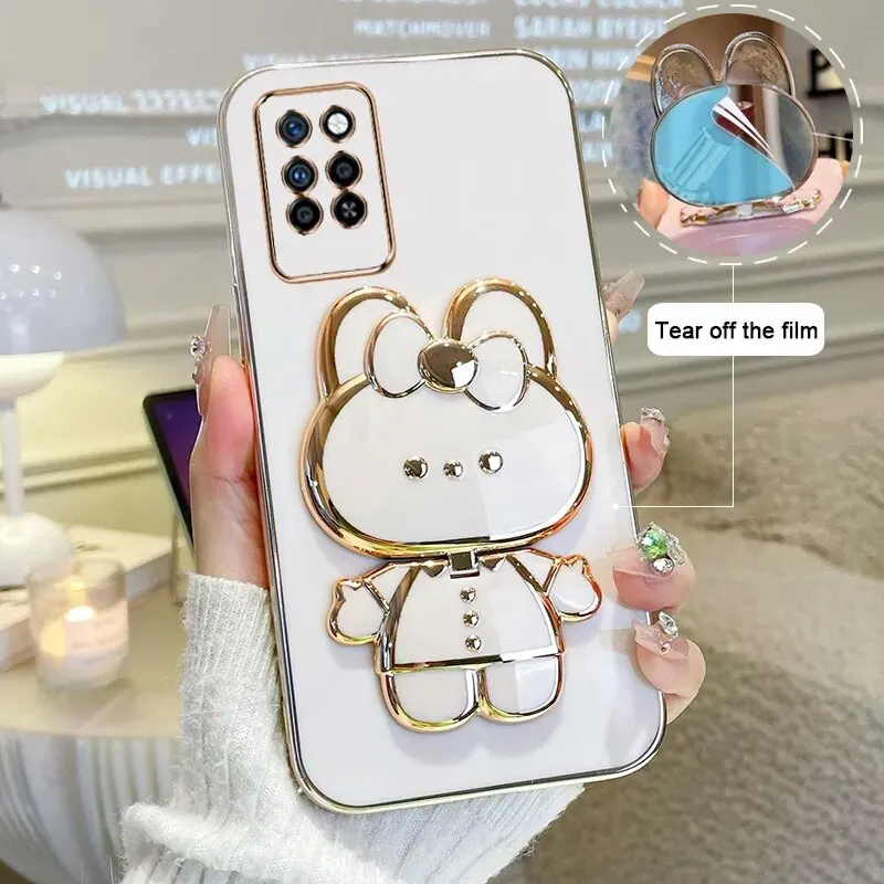 Makeup Mirror Phone Case For Infinix Note 8i Plating Cartoon Rabbit Folding Bracket Phone Protection Case Cover