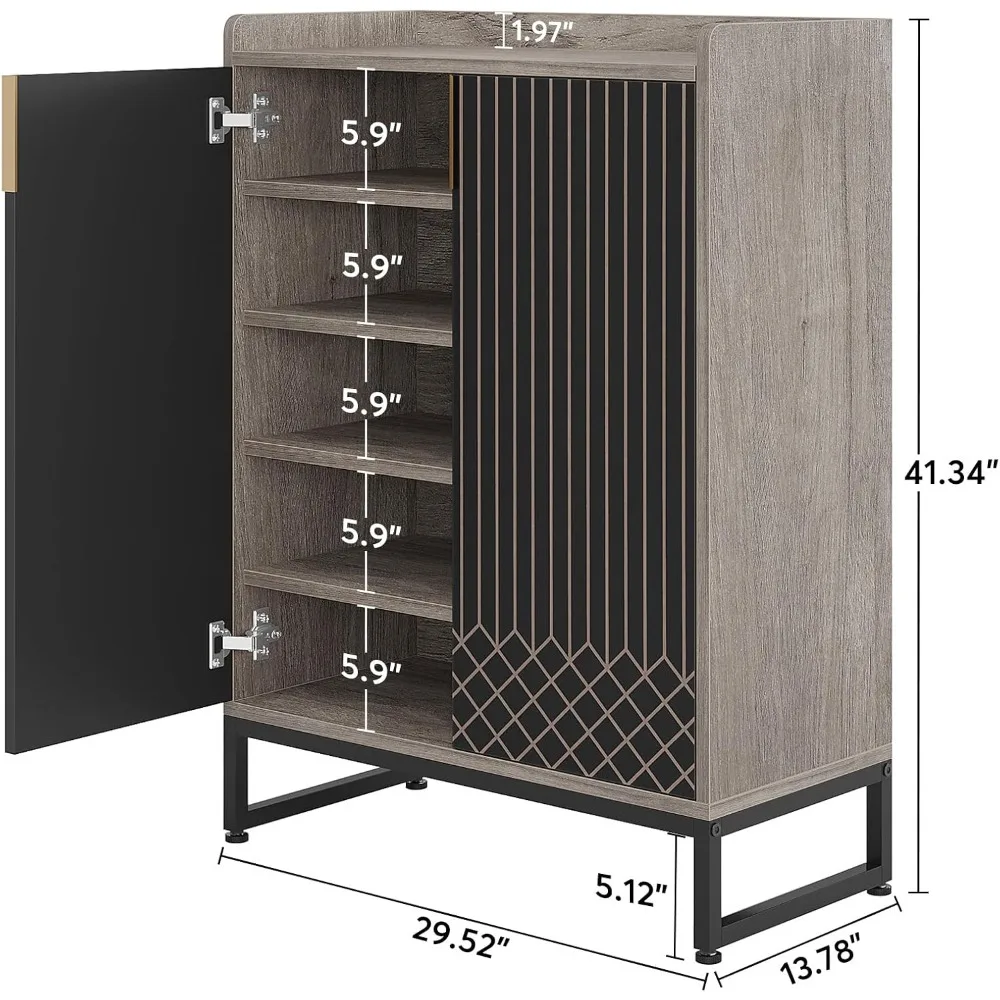 Shoe Cabinet with Doors, Grey 5 Tiers Shoe Cabinet, Modern Shoe Organizer Storage for Living Room, Bedroom, Hallway, Closet