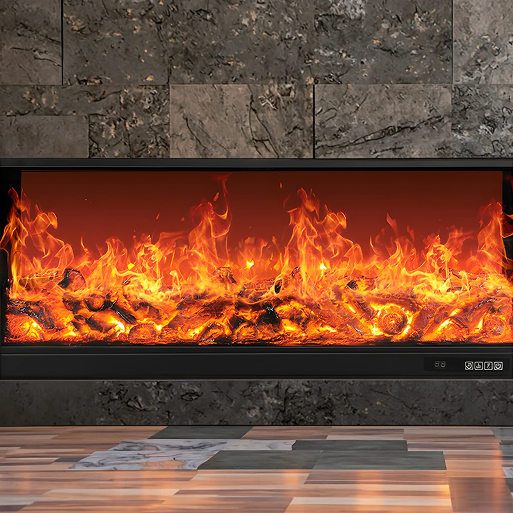 60-Inch Modern 2D Electric Fireplace Heater Color-Changing Flame Remote Control Wall Mounted for Home Commercial Hotels Steel
