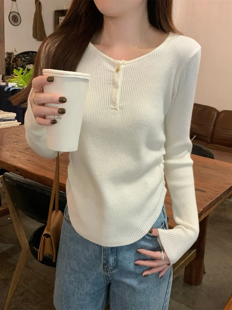 

Корейский облегающий вязаный свитер, женский осенне-зимний новый круглый дизайн на пуговицах, сложенная талия, молодой свитер
