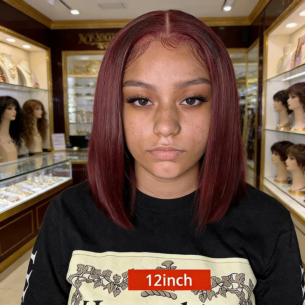 

13x4 Lace Front Wig 12 Inch Short Bob Yaki Straight 3 Colors Black Burgundy 613 High Temperature Fiber Pre Plucked Baby Hair Glu