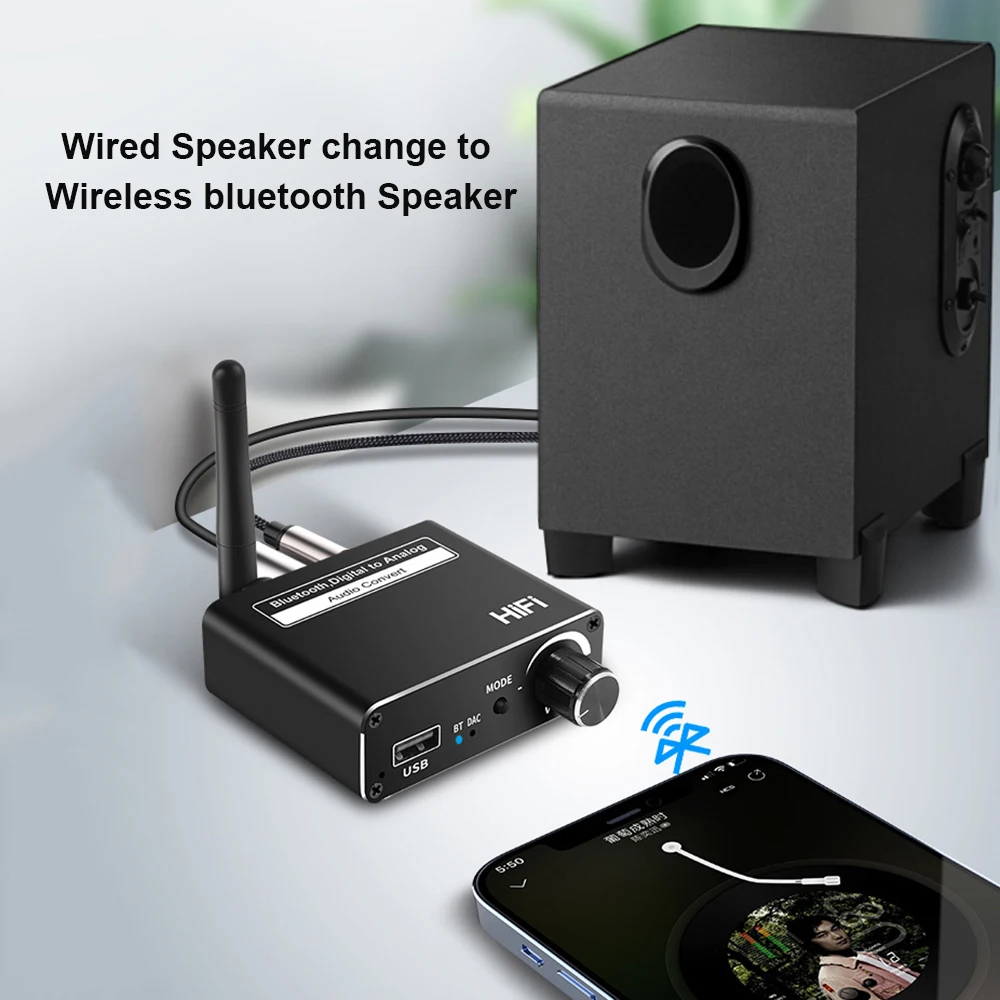 Bluetooth-Compatible 5.0 Wireless Digital To Analog DAC Converter With Headphone Optical Coaxial 3.5mm AUX Support USB  Adapter