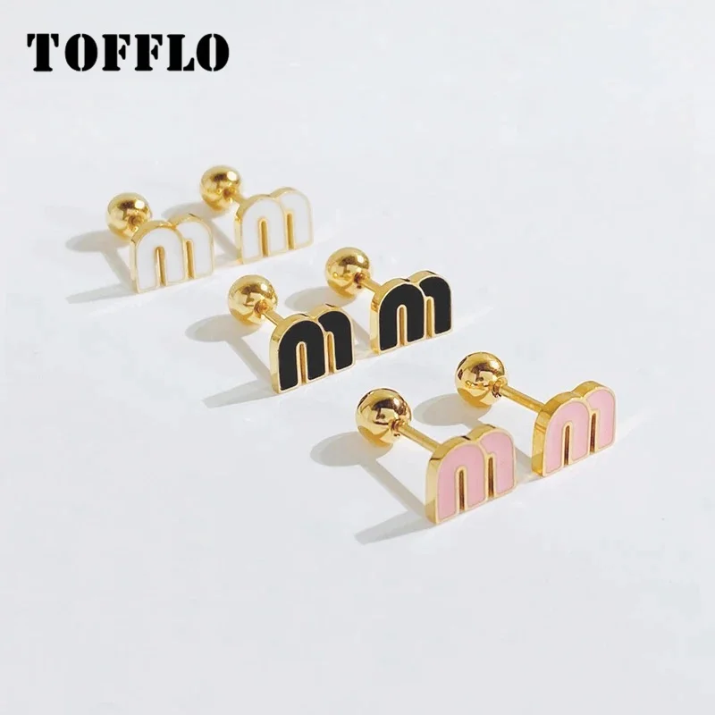 TOFFLO Fashion Colorful Oil Dripping Letter M Charm Stainless Steel Stud Earring Small Ball Screws Earrings Piercing Jewelry