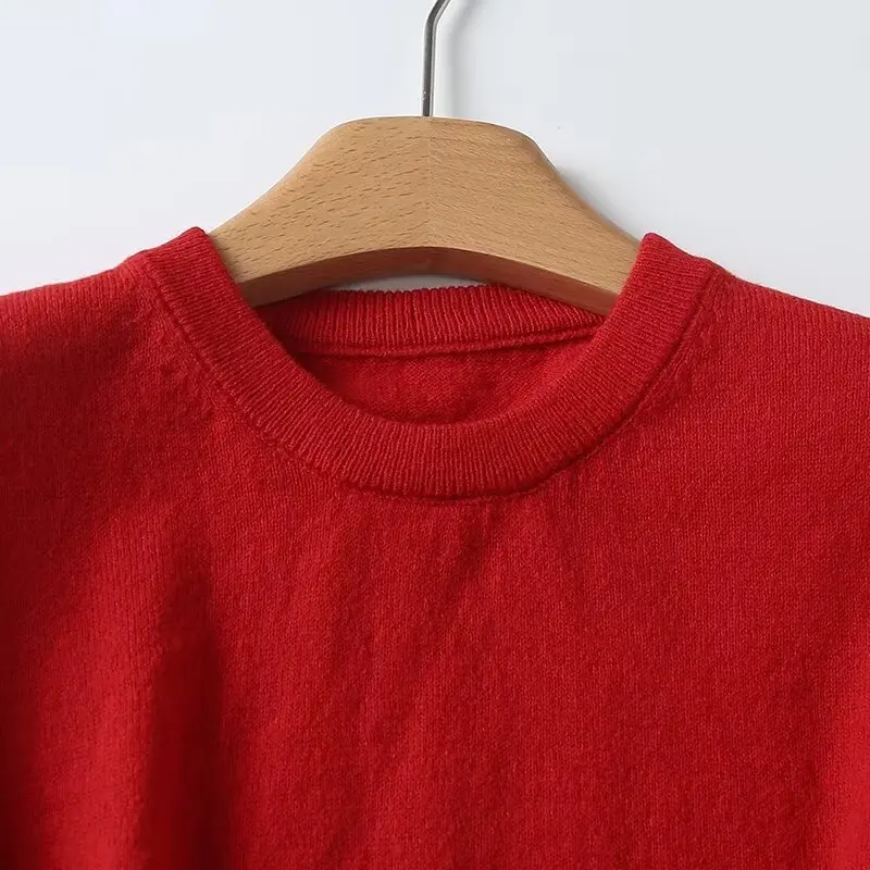 Tangada Women 2024 Red Knitted Sweater Jumper Short Sleeve Female Crop Pullovers 4C012