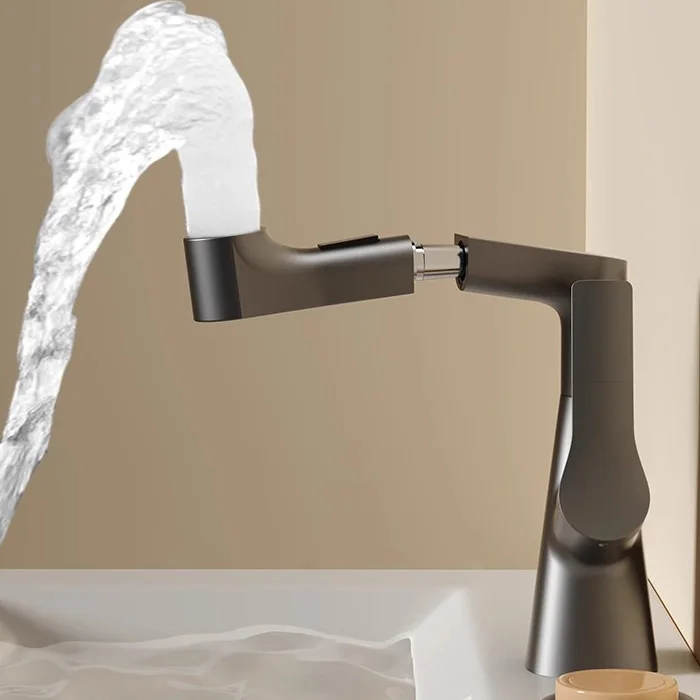 Modern Brass Grey Deck Mounted Single Handle Pull Out Spray Height Adjustable Basin Faucet Taps