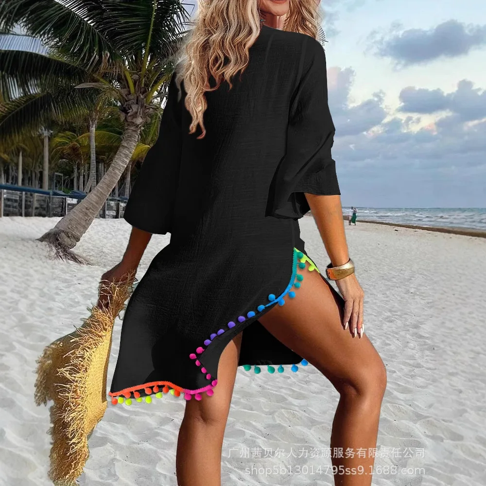 우아한 V넥 자수 긴팔 맥시 드레스, 생생한 컬러풀 폼폼 트리밍, 흐르는 비치 커버업 드레스, 보헤미안 시크 스타일