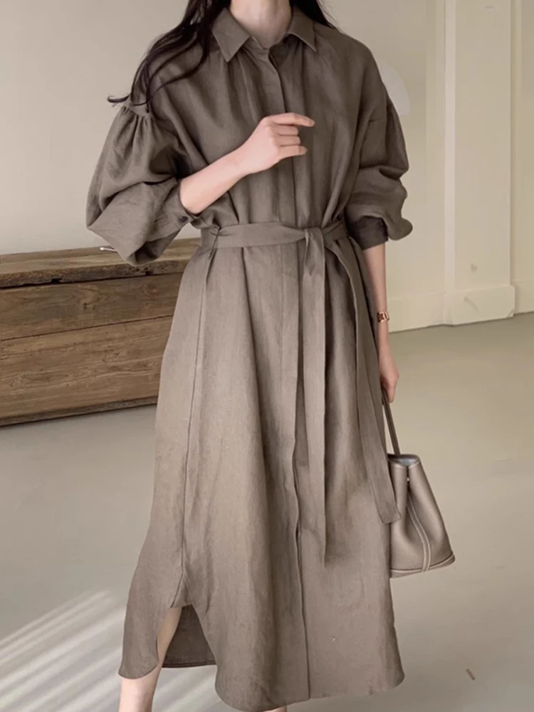 Vestido de Mujer E de Estilo Coreano para Principios de Otoño, Cuello Vintage, Dobladillo Irregular Largo, Botón Único...