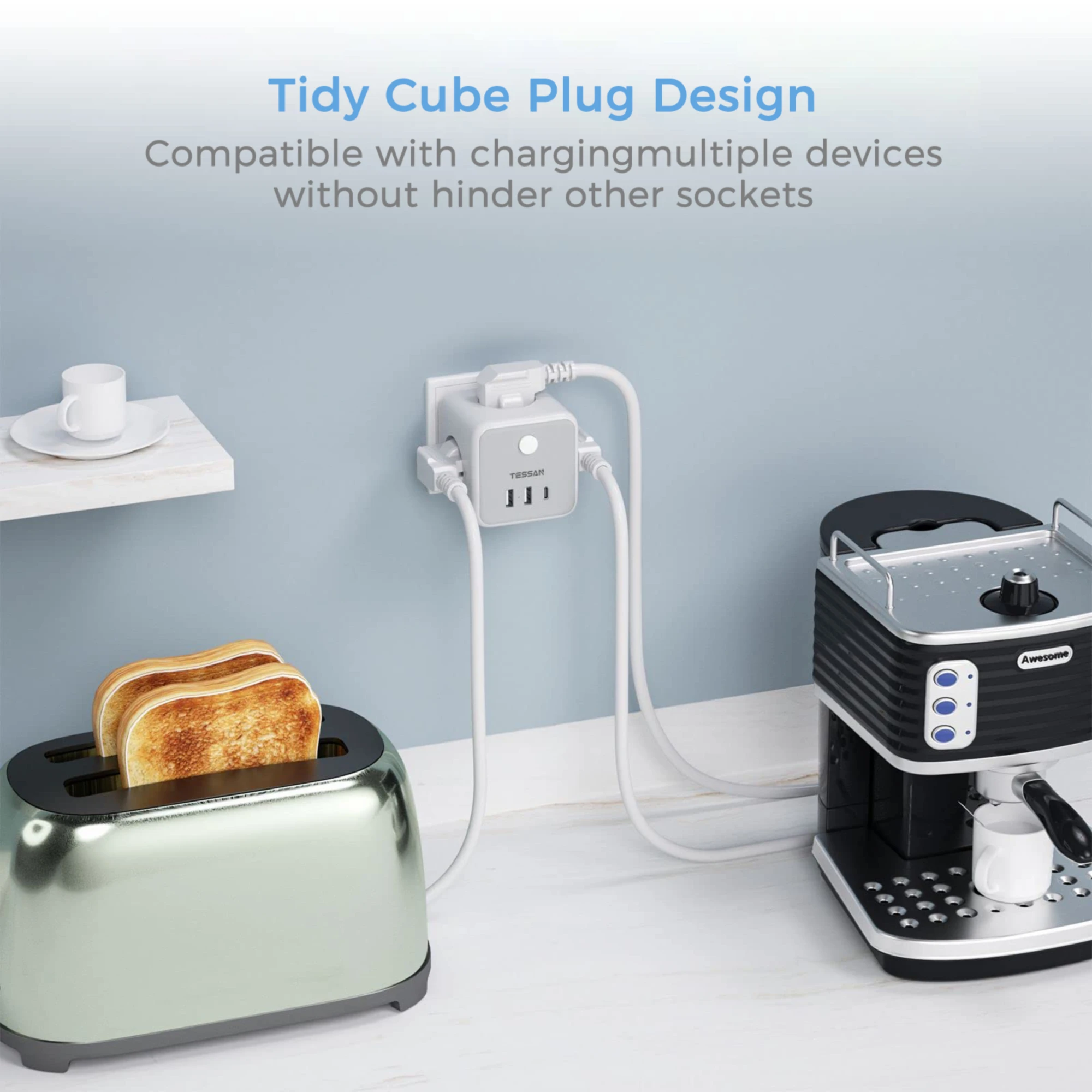 TESSAN Cube Multi-tap Electric Socket Extender with AC Outlets USB Ports Europe Korea Plug PowerCube Tee Socket Adapter for Home