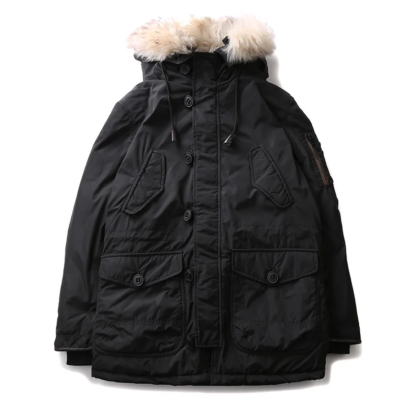 Jaqueta de colarinho de pele multi bolsos masculina, Parka militar, sobretudo de pelúcia médio longo, casaco de pato espesso, inverno