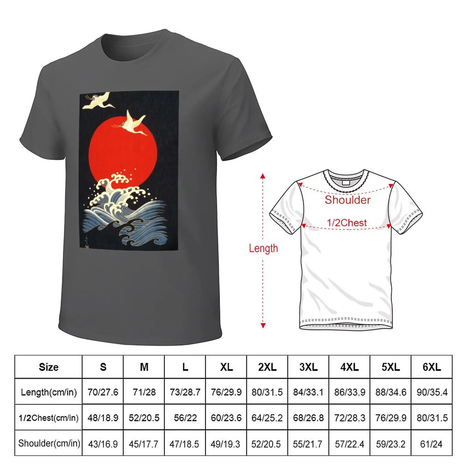 RED SUN ,FLYING CRANES AND SEA WAVES IN BLACK T-Shirt customizeds kawaii clothes oversized funny t shirts for men