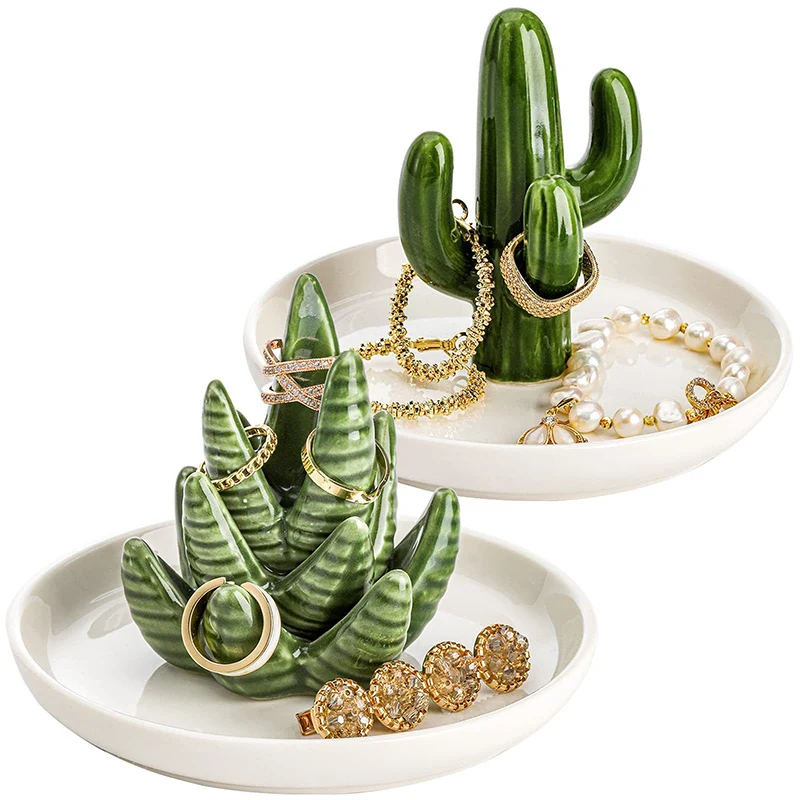 Perfect Multifunctional Cactus Ceramic Ring Jewelry Display Tray with Storage for Desk Home Office Decor