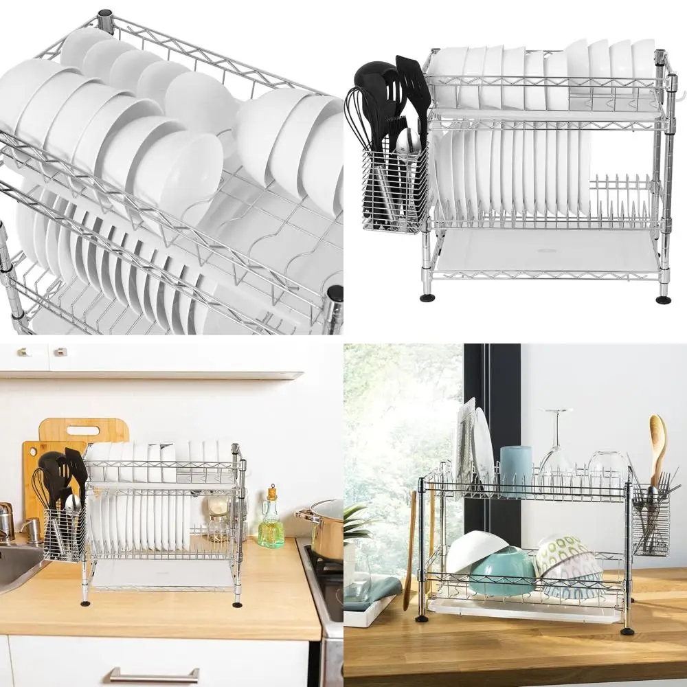 

Brooklyn 24 2-Level Adjustable Dish Drying Rack with Cutlery Tray, Durable Carbon Steel, Chrome Finish