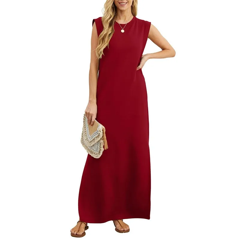 Femmes d'été décontracté robe d'été ample robes longues sans manches col rond fendu t-shirt Maxi robes vestidos largos mujer verano