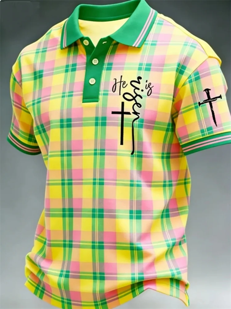 Hawaiian-Print Short-Sleeve Polo Shirt for Men Relaxed-Fit Casual Short-Sleeve Shirt with Simple Button-Down Design for TheBeach