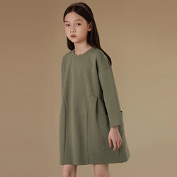 Autumn And Winter New Girls' Sweatshirt Green Dress Cotton Children's Pleated Pockets Casual Long-Sleeved Dresses TZ206