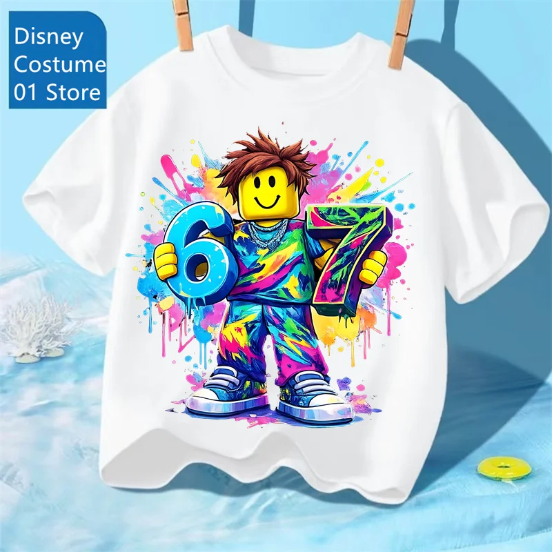 Nova Camiseta Infantil Roblox Game 67 com Estampa Digital para Meninos e Meninas, Camiseta Casual de Manga Curta, Tops de Algodão com Gráficos para Aniversário Infantil