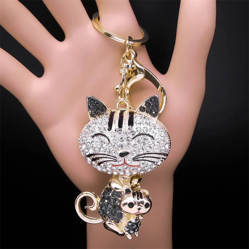 Cute Animal Cat Keychain Rhinestone Metal Gold Color Kitty Keyring for Women Girl Bag Wallet Pendant Decoration Jewelry llaveros