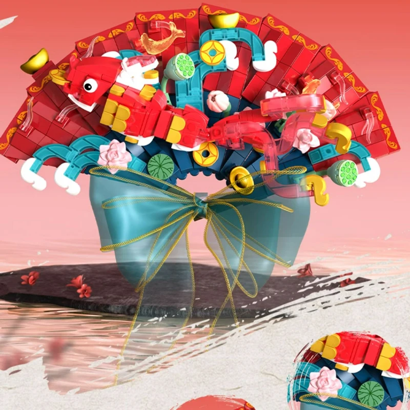 Anime Building Block Flower Fan Diy Assembled Toys Chinese New Year Spring Festival Decoration Desktop Ornaments Birthday Gift