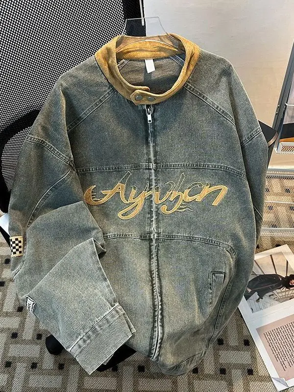 

Мужская джинсовая куртка большого размера 300 Pou в винтажном стиле с вышивкой и пэчворком, ретро-куртка с элементами пэчворка для осени