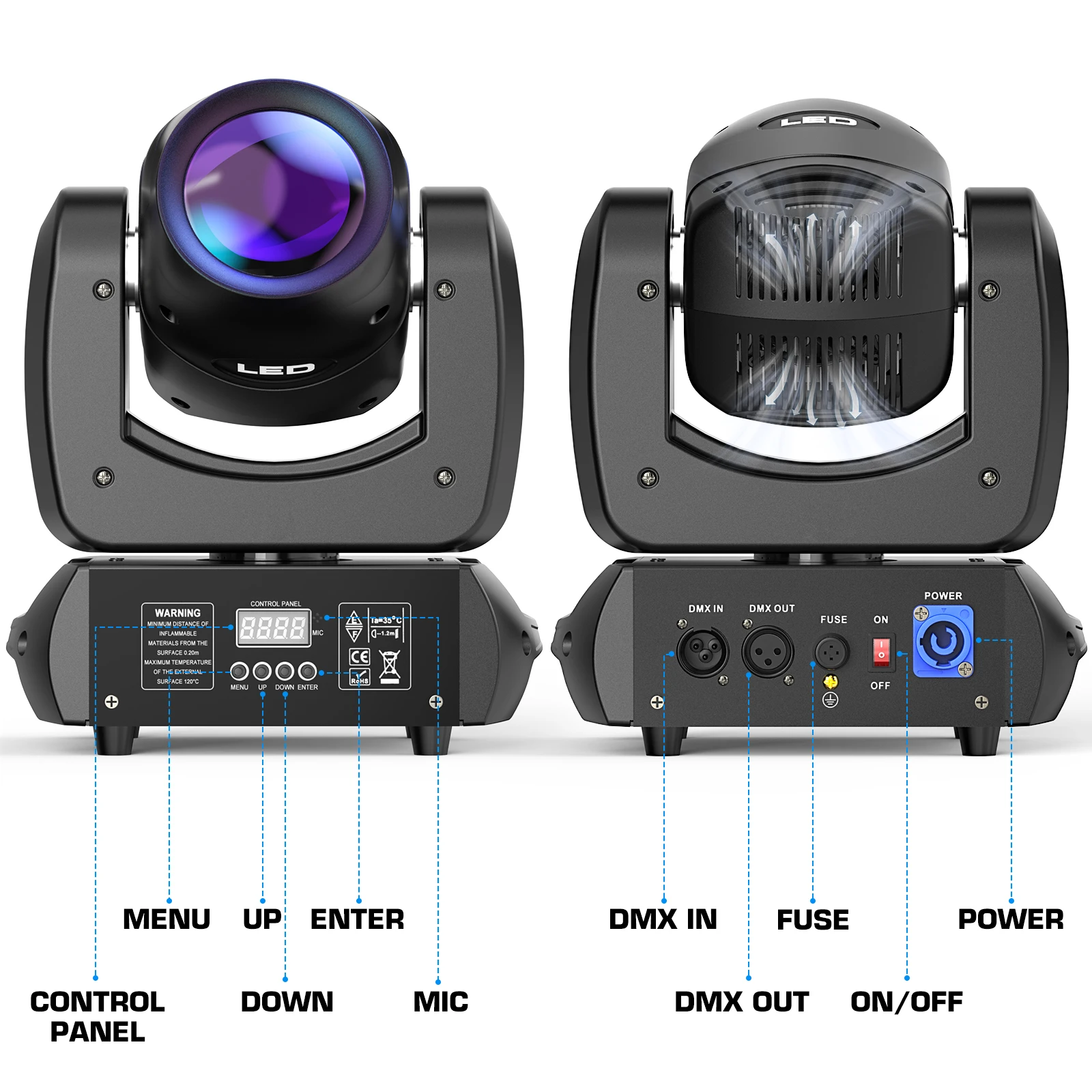 U'King 2Pcs 80W LED Beam Gobo Moving Head Stage Light 18Prism Dazzling Effect DMX DJ Lights For Club KTV Disco DJ Party Lighting