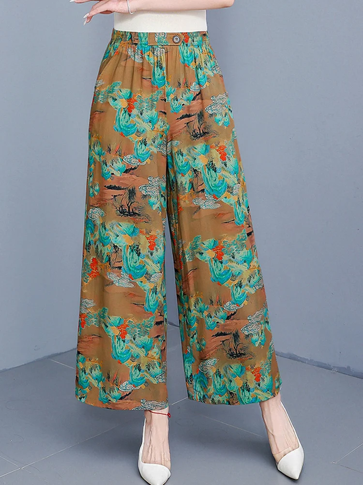 New Summer Cotton Silk Wide Leg Pants High Waist Drape Smooth Thin Ladies Loose Fit Breathable Casual Trousers
