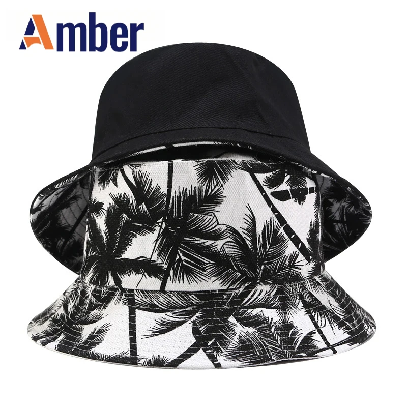 

Amber Tropical Coconut Tree Print Bucket Hat Double Sides Panama Fisherman Hats Unisex Summer Outdoor Sandbeach Vocation Cap