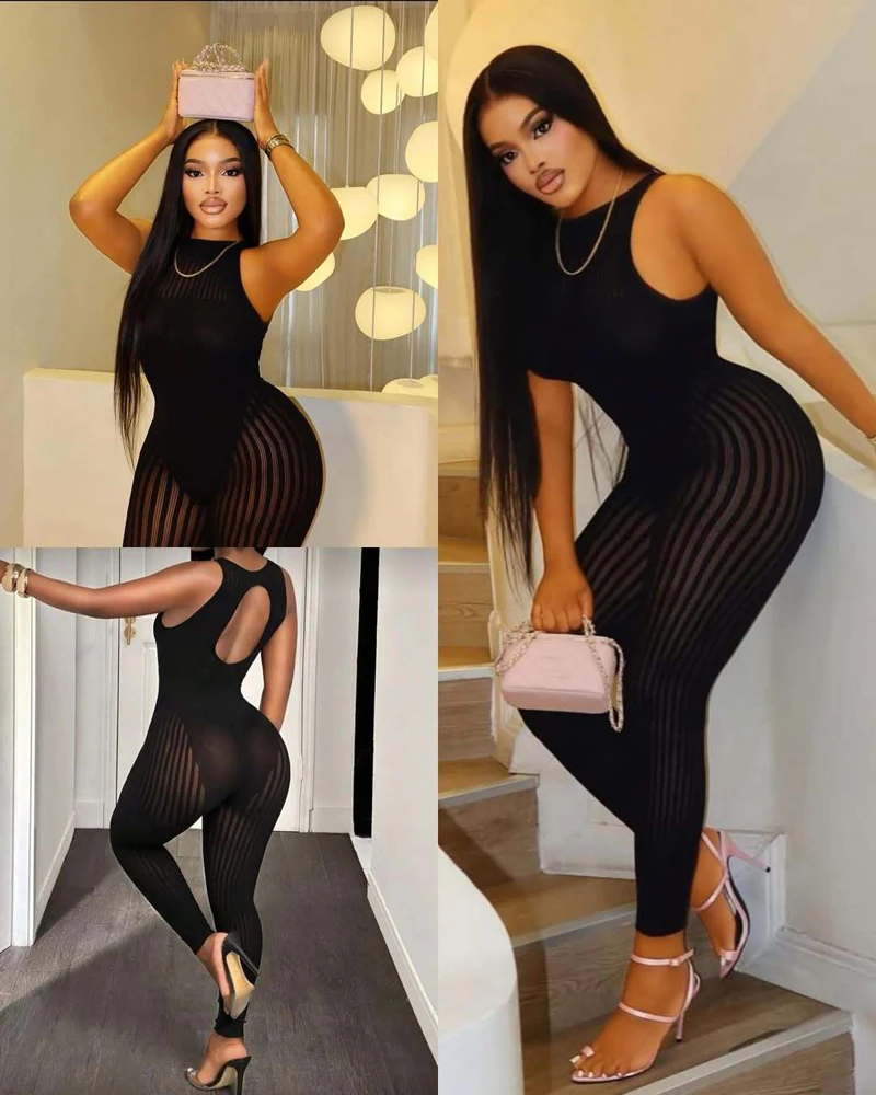 Women Clubwear Sexy Sleeveless Striped Sheer Mesh Jumpsuit Back Cut‑Out Bodycon See Through Long Pants Nightclub Party Outfit