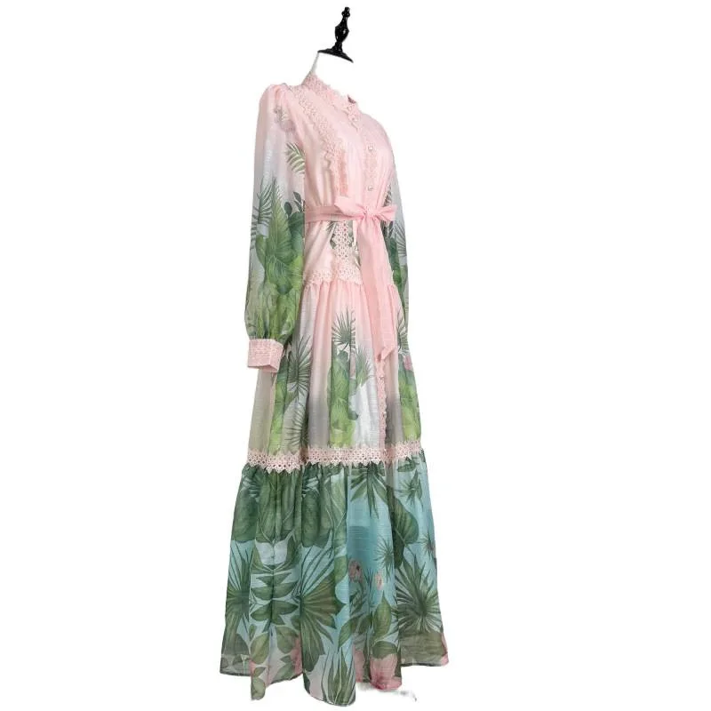 Tropische print Lace Splice Lantern Sve Holiday Dr Country Sle midden taille fluwelen stof lang Sve Thiened Dr