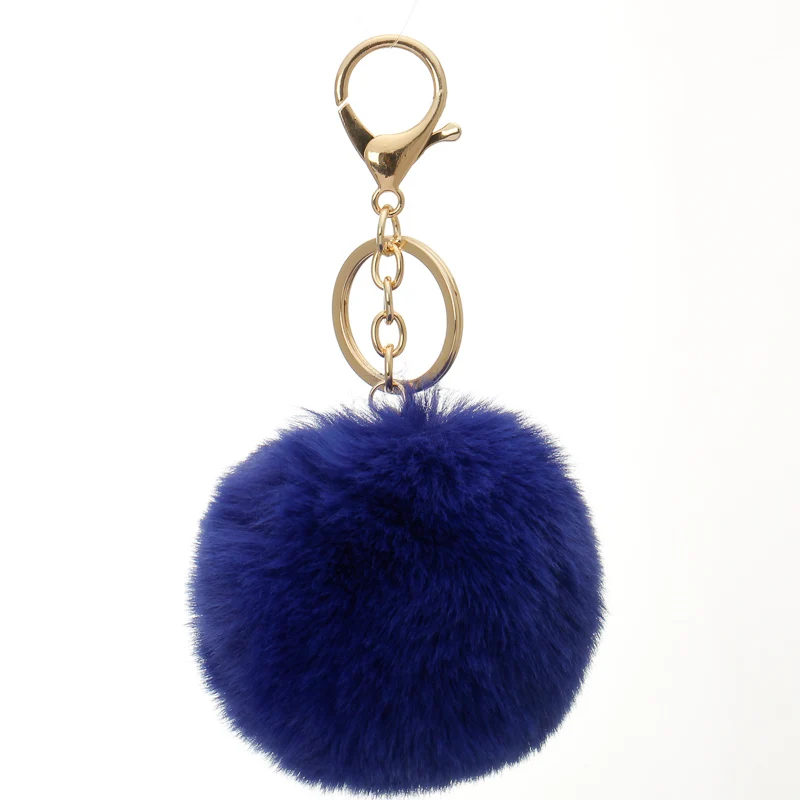 8cm  Fake Fur Brand Bag Fluffy  Pompns Keychain Pom Pom Car Keyring Gold Color Chains pompons Fake Rex Rabbit Fur Charms Chain