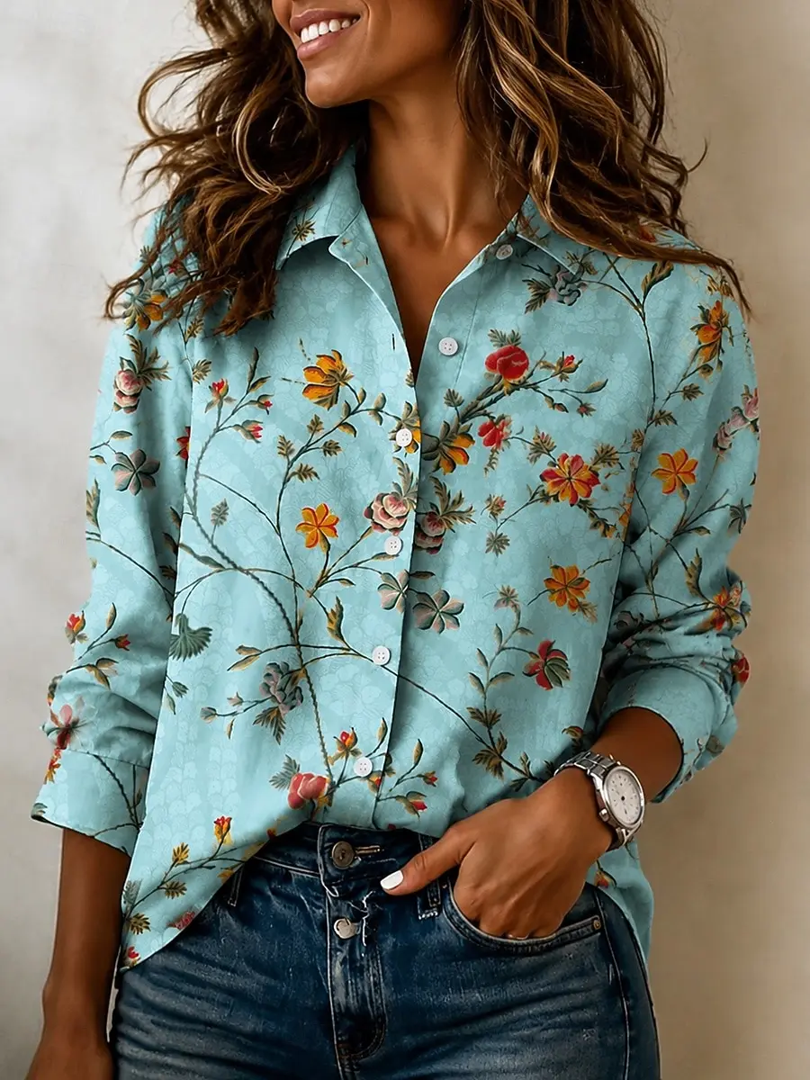 

Women's Collar Long Sleeve Vintage Floral Print Shirt With Buttons Casual Tops for Spring Summer Daily Street & Daily Wear