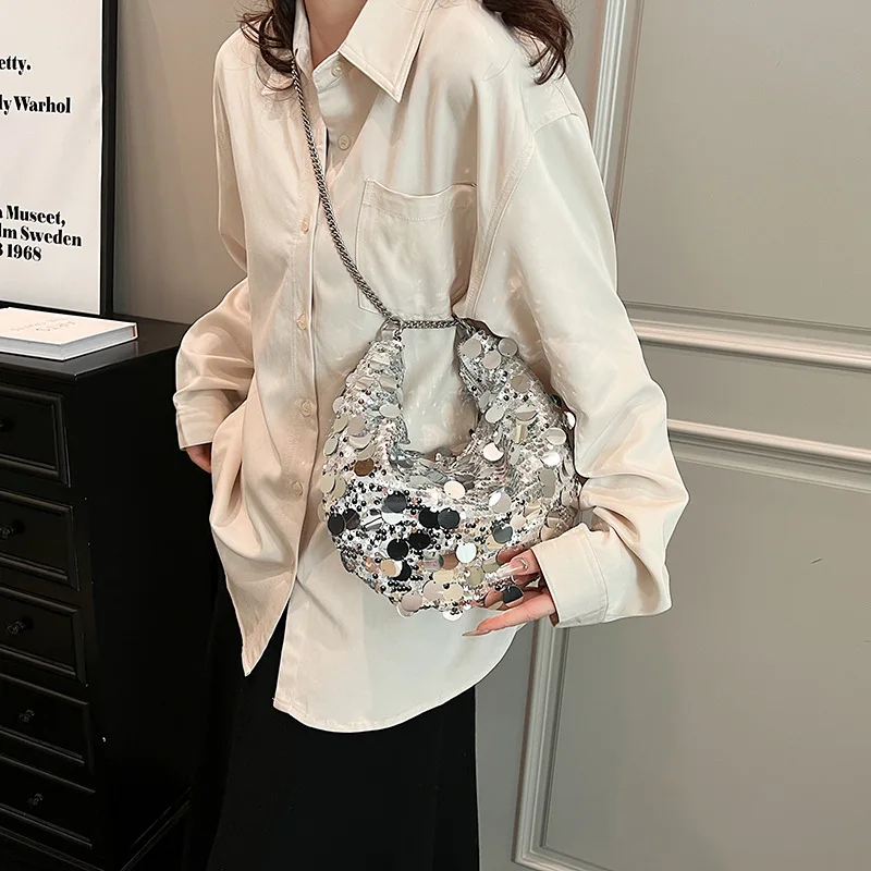 Crescent Shape Sequins Crossbody Bags For Women 2024 Designer Korean Fashion Chain Shoulder Bag Lady Handbags And Purses