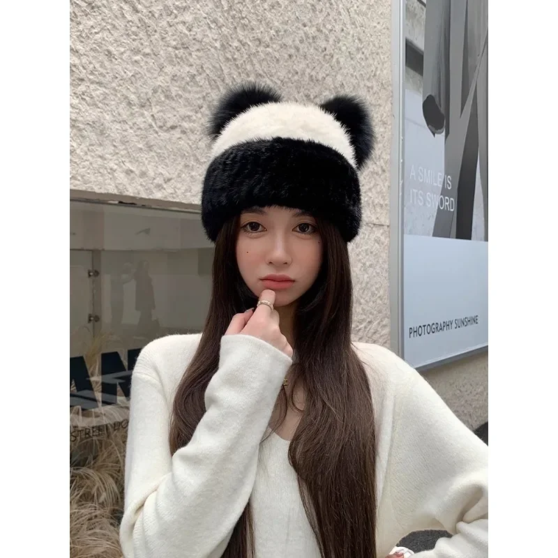 Mink hair bear hat autumn and winter female warm mink fur hat fox ball ear protection shows small temperament