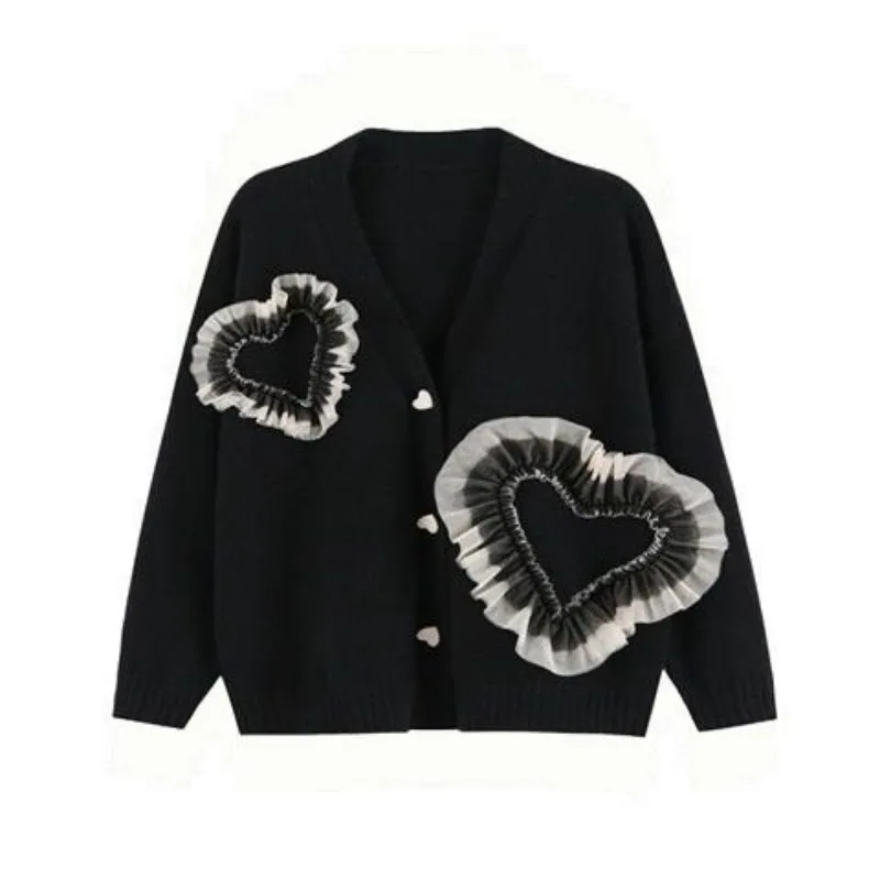 

2025 New Style Heart Mesh Spliced Knitted Cardigan Autumn New Thin Loose Outer Sweater Coat Top Women's Wear