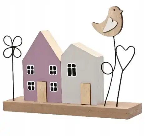 Staand beeldje houten huizen met Vogel en bloemen 16x12cm