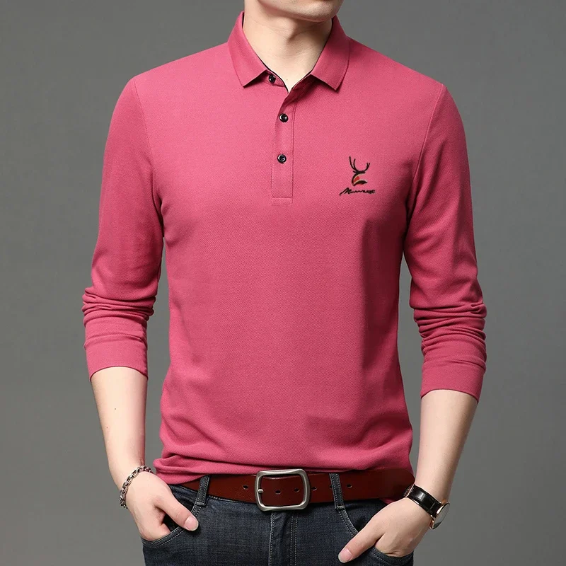 New Men\'s Casual Embroidery Long Sleeve Polo Shirt Fashion Solid Color Top