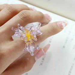 Fashion Glaze Iris Flower Glass Rings for Women Charm Transparent Crystal Flower Rings Amazing Jewelry Gifts