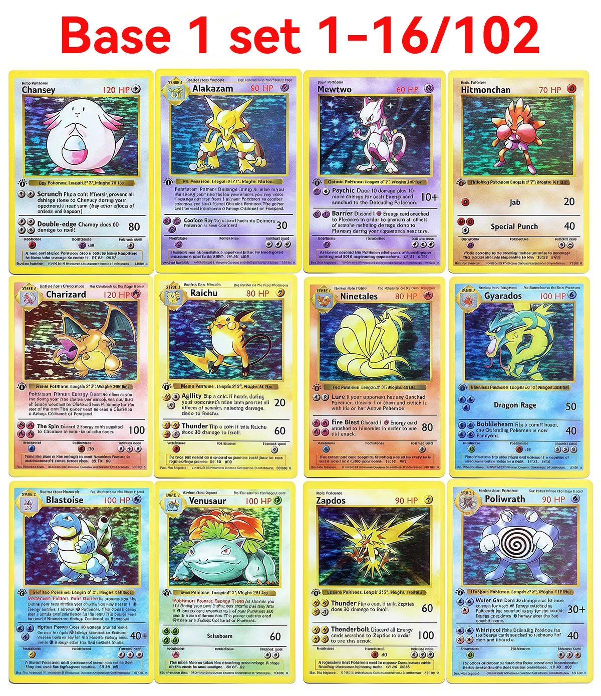 

Foil Proxy PKM Cards Base 1 set 1-16/102 Charizard Blastoise Mewtwo Zapdos Clefairy Collectible Trading Card for PTCG Battles