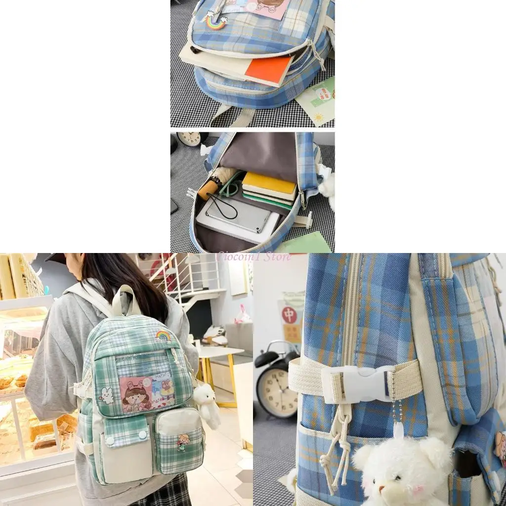 

Y1UB 5pcs Plaid Backpack School Student Bookbags Casual Daypack Handbag Shoulder Drawstring Bag Pencil for Case Set