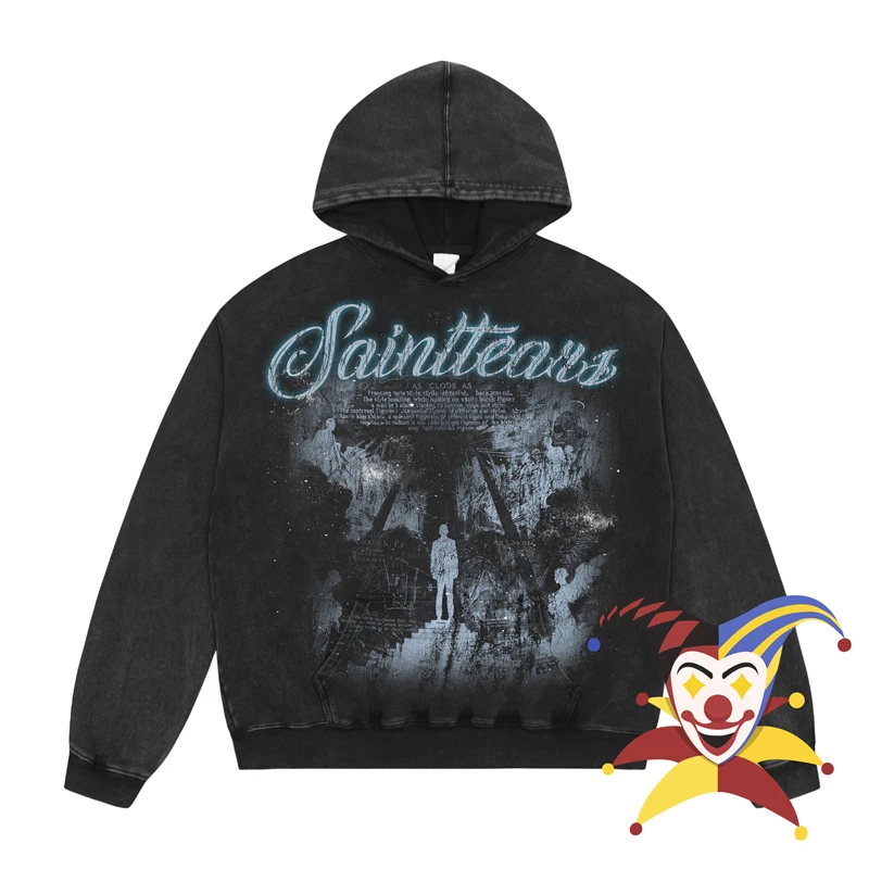 

Oversized Vintage Washed Black Saint Tears Hoodie Men Women Pullovers Crack Graphics Sweatshirts